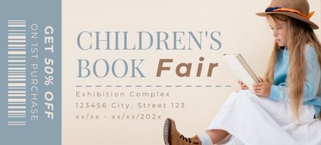 Дитячий книжковий ярмарок із милою дівчинкою в капелюшку Coupon 3.75x8.25in – шаблон для дизайну