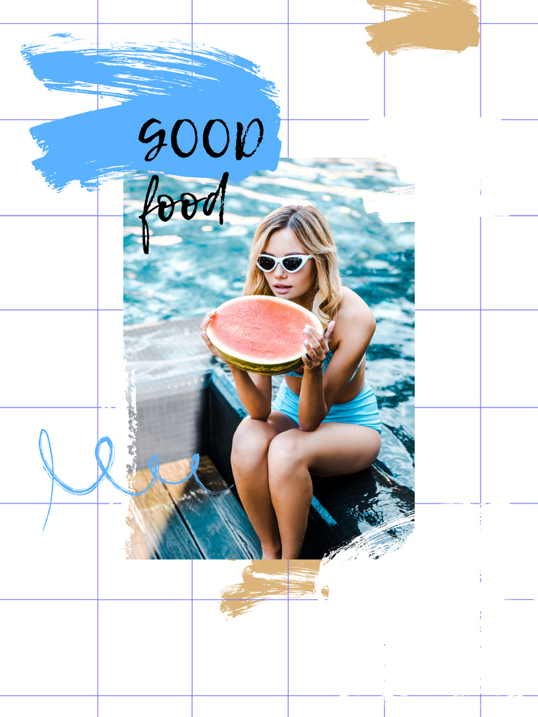 Platilla de diseño Woman with Watermelon by Pool And Good Food Promotion Poster US