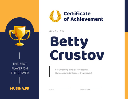 Platilla de diseño Online game Achievement with cup Certificate