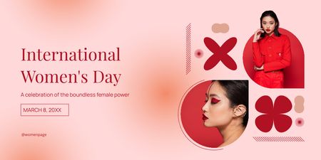 Plantilla de diseño de Celebración del día de la mujer con mujer vestida de rojo y maquillada Twitter 