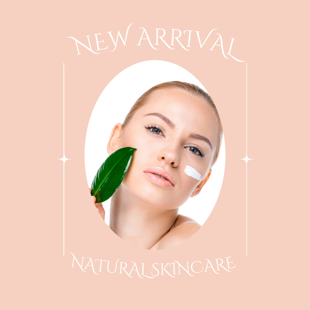 Plantilla de diseño de New Arrival Skin Care Announcement with Woman holding Green Leaf Instagram 