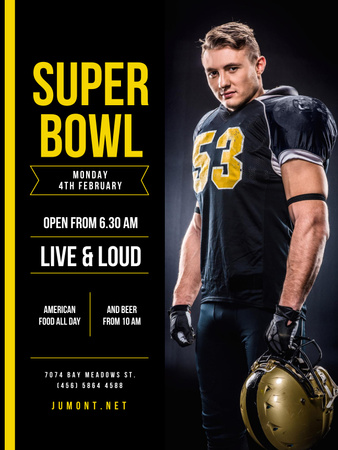 Designvorlage Ankündigung des Super Bowl-Spiels mit Spieler in Uniform für Poster US