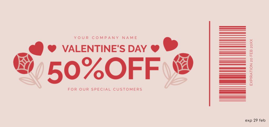 Plantilla de diseño de Valentine's Day Discount Announcement with Hearts Coupon Din Large 