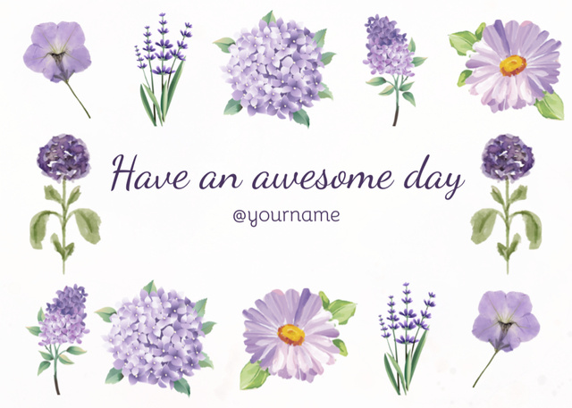 Message Have An Awesome Day with Purple Flowers Postcard 5x7in – шаблон для дизайну