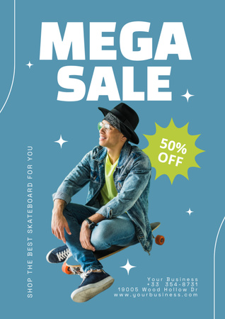 Designvorlage Mega Sale with Man on Skate on Blue für Poster A3