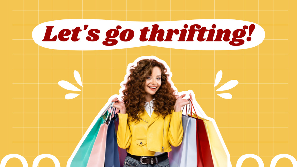 Woman at thrift shopping yellow Youtube Thumbnail Design Template