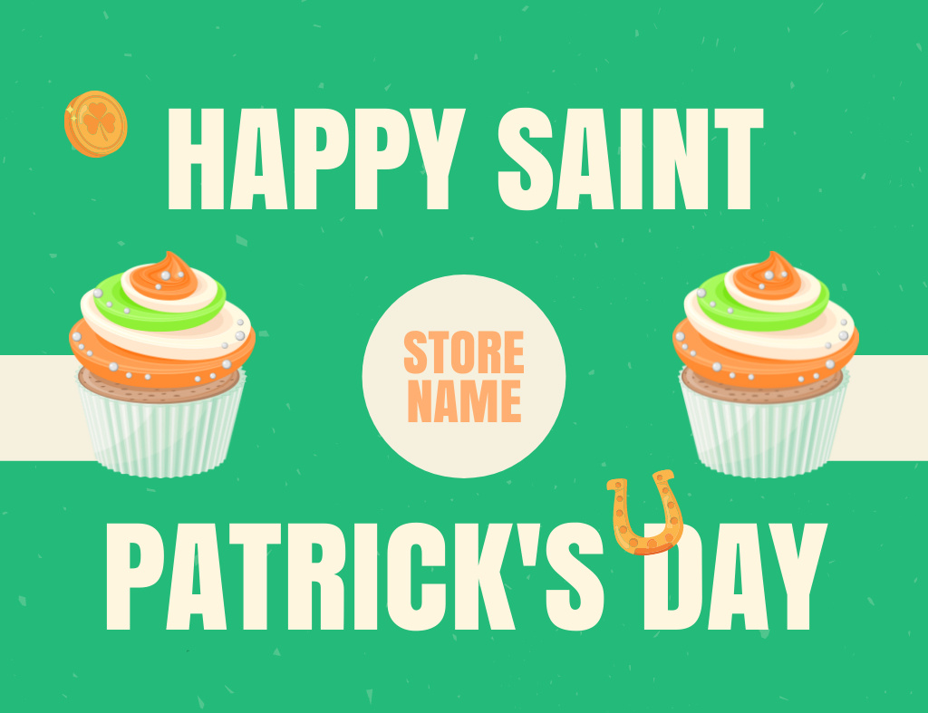 Wish You Lucky St. Patrick's Day with Appetizing Cupcakes Thank You Card 5.5x4in Horizontal Design Template