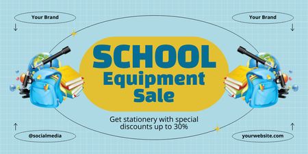 Discounted School Equipment and Stationery on Blue Twitter Design Template