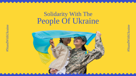 Template di design La donna militare ucraina tiene il bambino e la bandiera Title 1680x945px