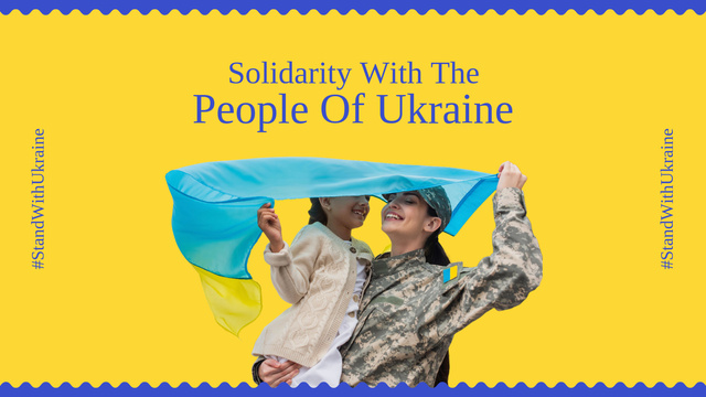 Designvorlage Ukrainian military woman holds kid and flag für Title 1680x945px