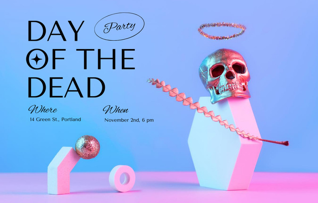 Platilla de diseño Day of the Dead Holiday Party Announcement with Human Skull Invitation 4.6x7.2in Horizontal