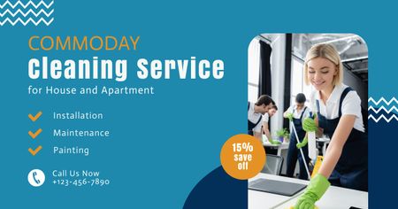 Fast Cleaning Service Team Working in Office Facebook AD Design Template