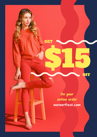 Template di design Young Woman wearing Stylish Red Clothes Poster A3