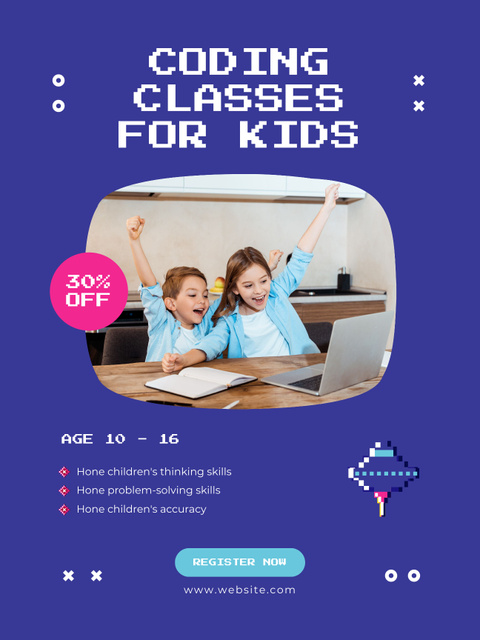 Cute Kids on Coding Classes with Laptop Poster US Design Template