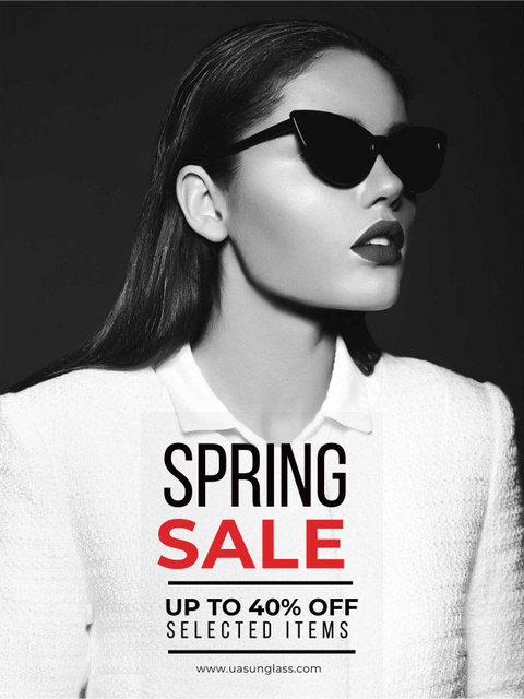Spring Sale with Beautiful Girl in Black and White Poster US Design Template