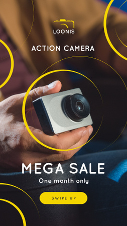 Mão de oferta de equipamento de fotografia com câmera de ação Instagram Story Modelo de Design