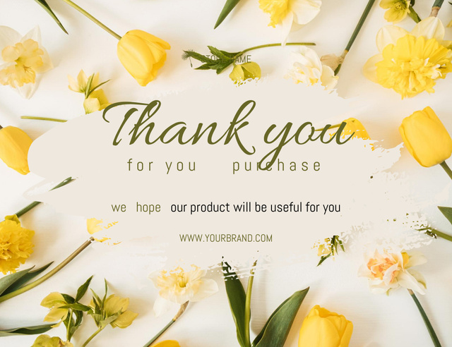 Thank You For Your Purchase Text with Yellow Spring Flowers Thank You Card 5.5x4in Horizontal Design Template