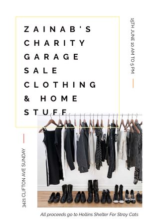 Charity Sale announcement Black Clothes on Hangers Invitation Modelo de Design