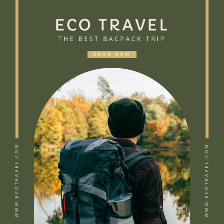 Man with Backpack in Forest by Lake Instagram Design Template