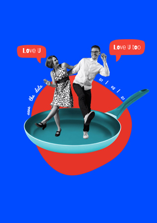 Funny Loving Couple Dancing on Skillet Postcard A5 Vertical Design Template
