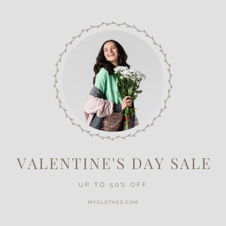   Valentine's Day Sale with Woman Holding Flowers Instagram Design Template