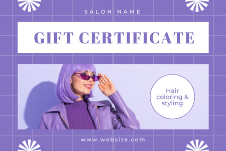 Stylish Woman in Purple Outfit with Bright Hair Gift Certificate Design Template