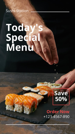 Designvorlage Chef’s Hands Sprinkling Sesame Seeds on Sushi für Instagram Video Story