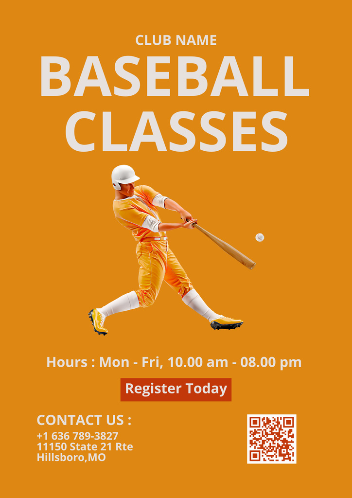 Sport Classes Ad with Baseball Player Hitting Ball by Bat Posterデザインテンプレート