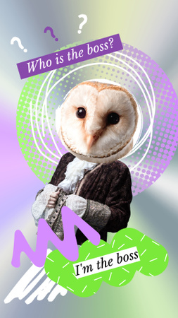 Funny Illustration of Man in Vintage Costume with Owl Head Instagram Story Design Template