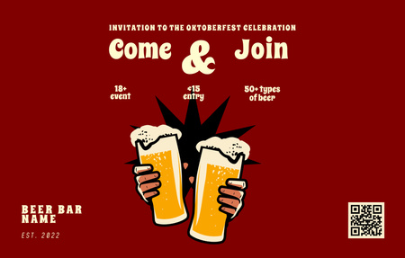 Ανακοίνωση γιορτής Oktoberfest με ποτήρια μπύρας σε κόκκινο χρώμα Invitation 4.6x7.2in Horizontal Πρότυπο σχεδίασης