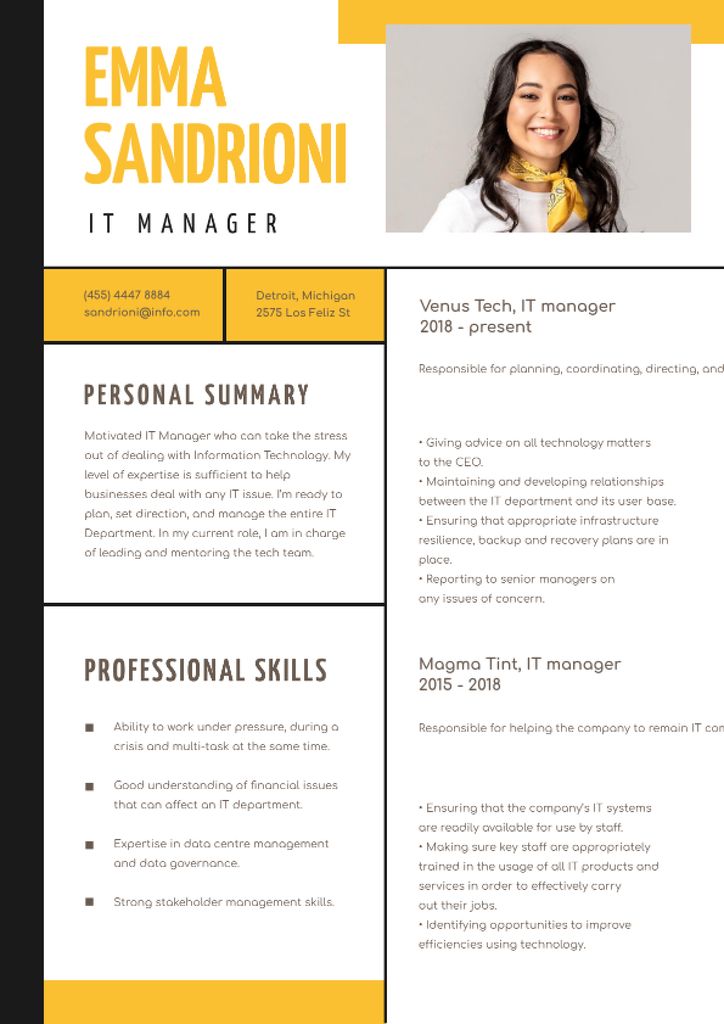 IT Manager professional skills and experience Resume Modelo de Design
