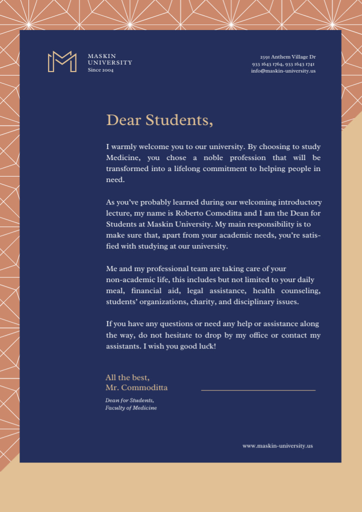 University Official Welcome Greeting on Blue Letterhead Design Template