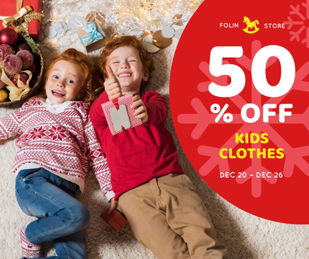 Christmas Offer Kids in Red Sweaters Facebook Design Template