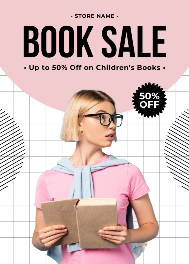 Books Sale Ad with Young Woman Flayer Modelo de Design