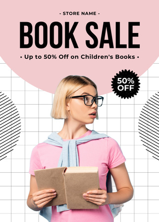 Designvorlage Bücherverkaufsanzeige mit junger Frau für Flayer