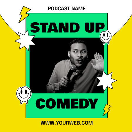 Designvorlage Ankündigung der Folge mit Stand-up-Comedy-Show für Podcast Cover