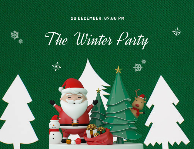 Winter Party Announcement With Santa And Snowman Invitation 13.9x10.7cm Horizontal – шаблон для дизайну