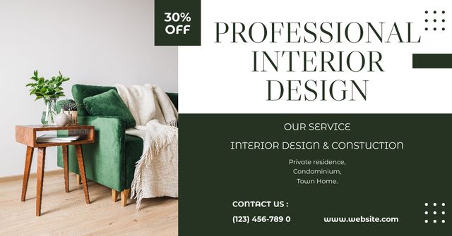 Designvorlage Professional Interior Design Offer Green für Facebook AD