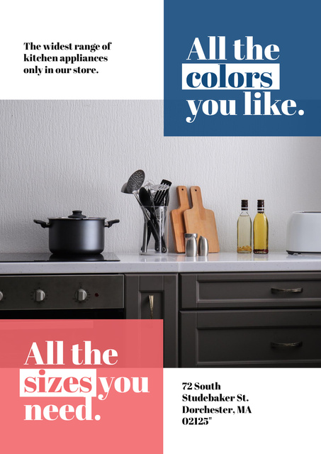 Kitchen Utensils Store Ad with Pots on Stove Poster Design Template