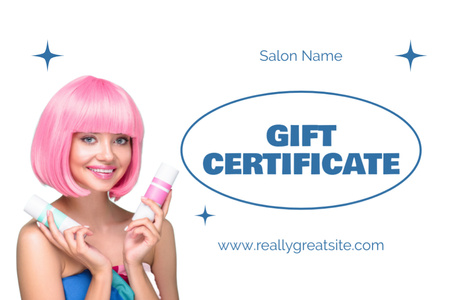 Beauty Salon Ad with Woman with Bright Pink Hair Gift Certificate Design Template