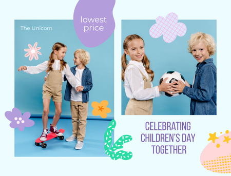 Hyvää poikaa ja tyttöä, jotka juhlivat lasten päivää pallon ja rullalaudan kanssa Postcard 4.2x5.5in Design Template