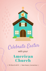 Easter Holiday Celebration Announcement with Church on Pink