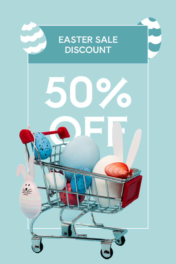 Plantilla de diseño de Easter Sale Ad with Colorful Eggs and Decorative Rabbits in Cart Pinterest 