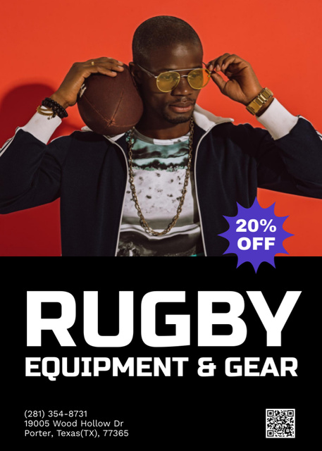 Rugby Equipment Shop Ad with Stylish Man Flayer Modelo de Design