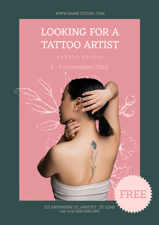 Ontwerpsjabloon van Poster van Bloemenpatroon en serviceaanbieding voor tattoo-artiesten