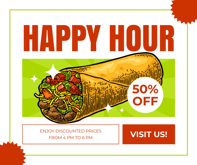 Ontwerpsjabloon van Facebook van Happy Hour Ad with Illustration of Shawarma