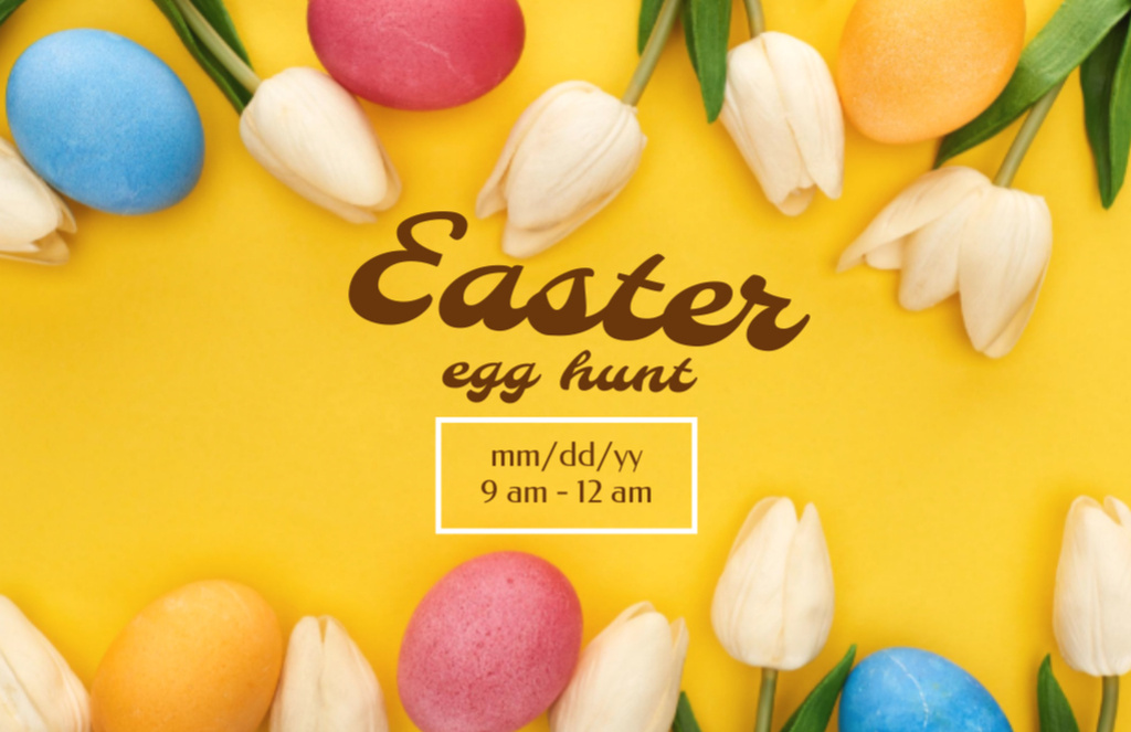 Platilla de diseño Easter Egg Hunt Offer with Colorful Eggs and Tulips Flyer 5.5x8.5in Horizontal
