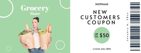 Young Woman with Grocery Shopping Bags Coupon Design Template