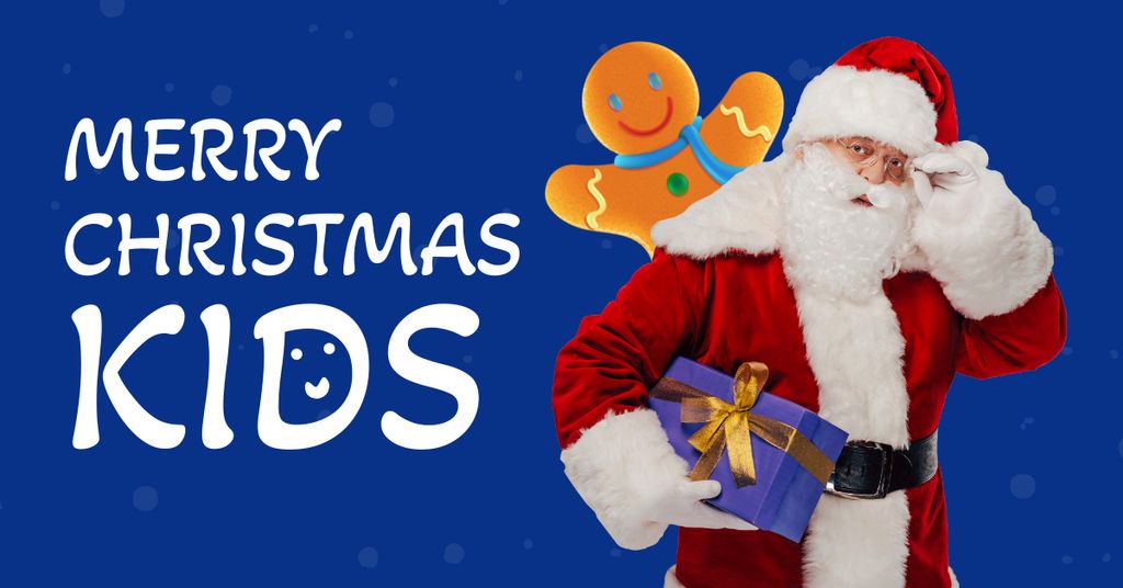 Christmas Wishes for Kids with Cute Santa Claus on Blue Facebook AD Modelo de Design