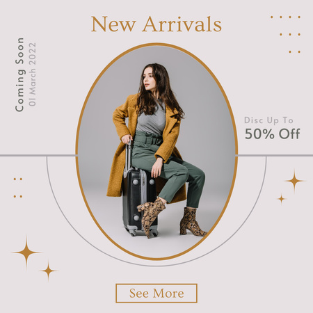 Female Fashion Clothes Sale with Woman with Suitcase Instagram Design Template